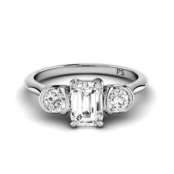 0.80 CT Round & Emerald Cut Diamonds - Three Stone Ring Cheap